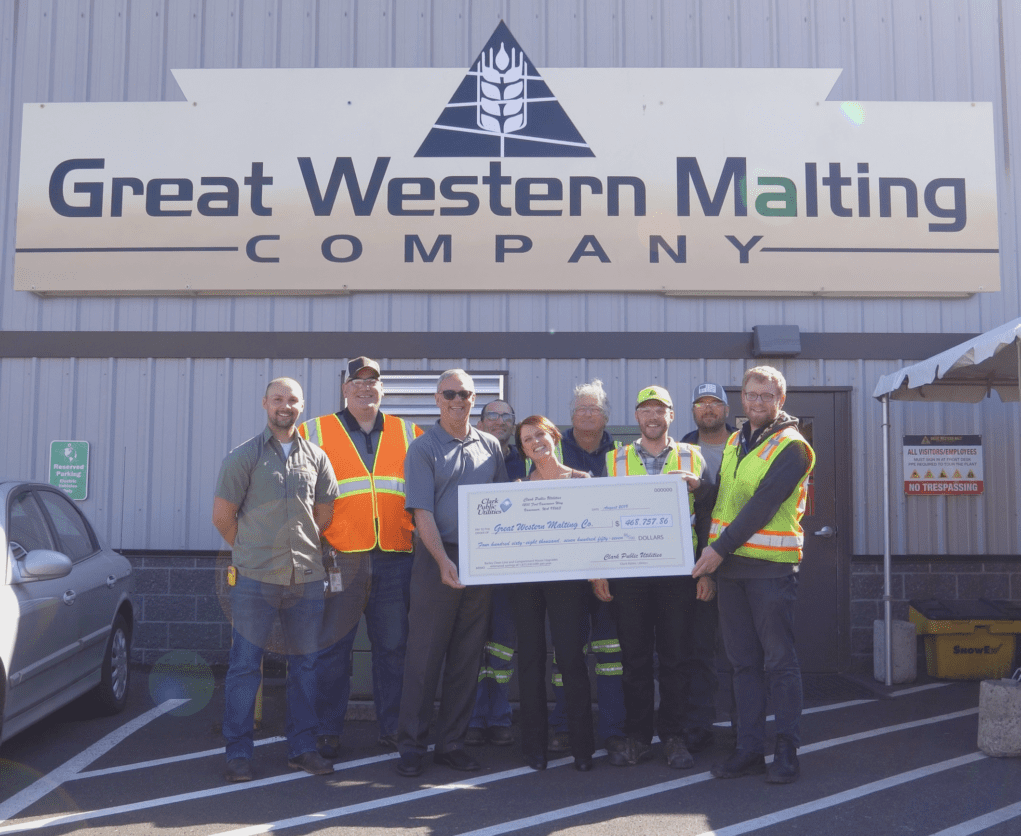 Great Western Malting Incentive Check from Clark Public Utilities