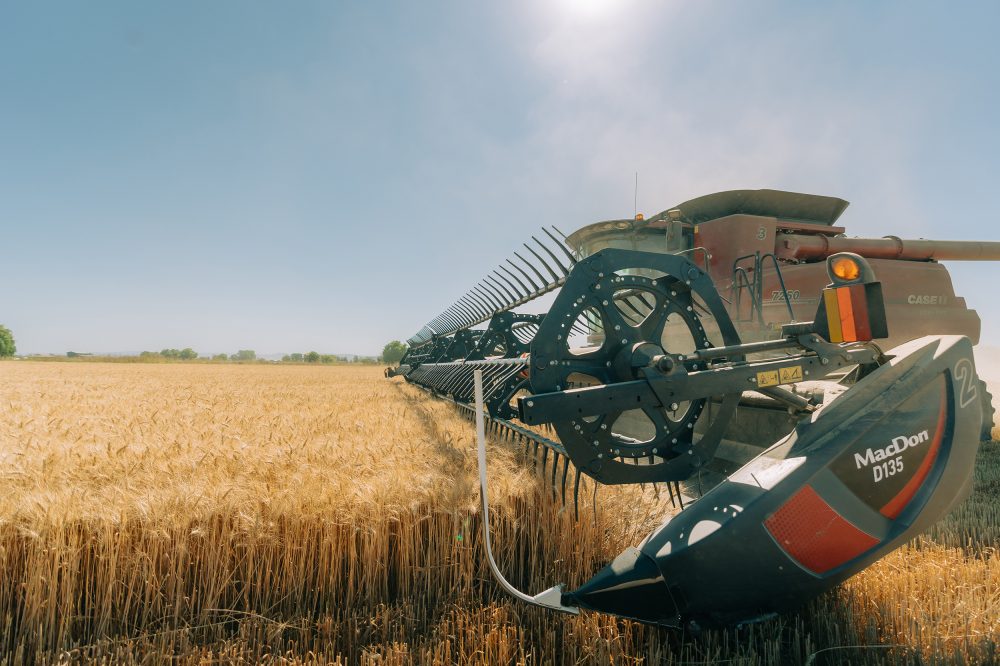 The side view of a large barley harvesting machine in the fields.