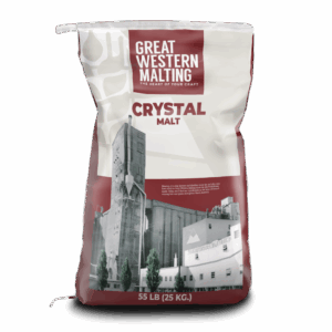 Crystal 15 Malt shown in a maroon and cream bag with a milling plant scene on the front created by Great Western Malting.