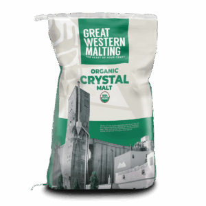 Organic Crystal 15 malted barley shown in a green and white bag with a milling plant on the front created by Great Western Malting.