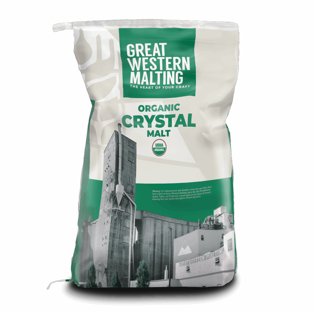 Organic Crystal 120 Malt | Great Western Malting Organic Crystal 120 malted barley shown in a green and white bag with a milling plan on the front created by Great Western Malting.