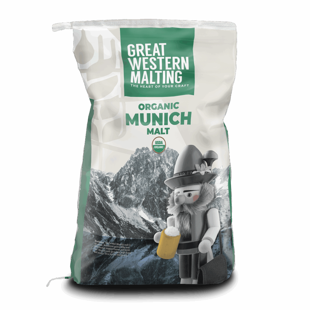 Organic Munich Malt | Great Western Malting Organic Munich Malt shown in a green and white bag with a mountain scene on the front with a nut cracker created by Great Western Malting.