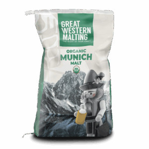 Organic Munich Malt shown in a green and white bag with a mountain scene on the front with a nut cracker created by Great Western Malting.