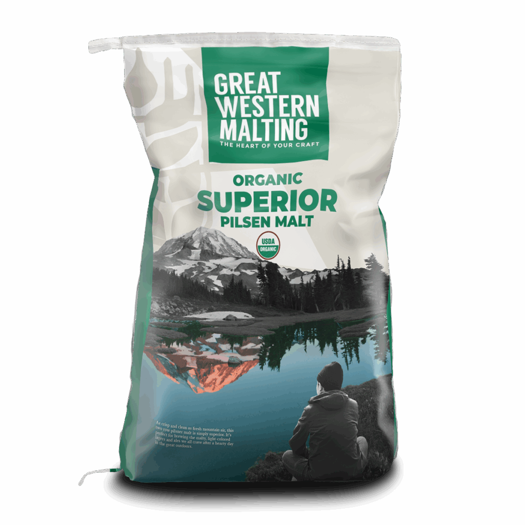 Organic Superior Pilsen Malt | Great Western Malting Organic Pilsen Malt shown in a green and white bag with a mountain scene on the front created by Great Western Malting.