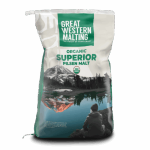 Organic Pilsen Malt shown in a green and white bag with a mountain scene on the front created by Great Western Malting.