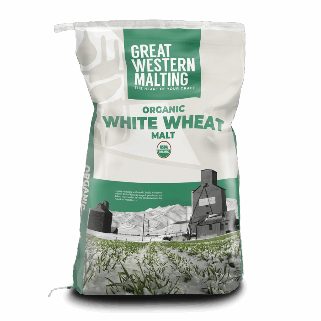 White Wheat | Organic Malt | Great Western Malting Organic White Wheat Malt shown in a green and white bag with a milling scene on the front created by Great Western Malting.