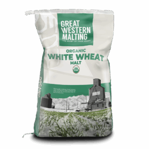 Organic White Wheat Malt shown in a green and white bag with a milling scene on the front created by Great Western Malting.