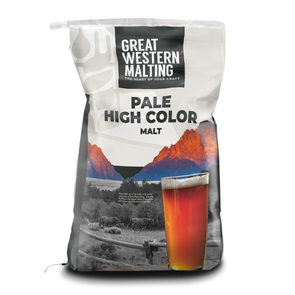 Pale High Color Base Malt | Great Western Malting Pale High Color Base Malt bag shown in a black and cream with a mountain scene on the front created by Great Western Malting.