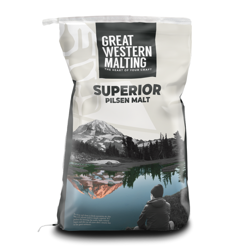 Superior Pilsen | Base Malt | Great Western Malting Superior Malt product bag shown in cream and black with a mountain scene on the front of the bag.