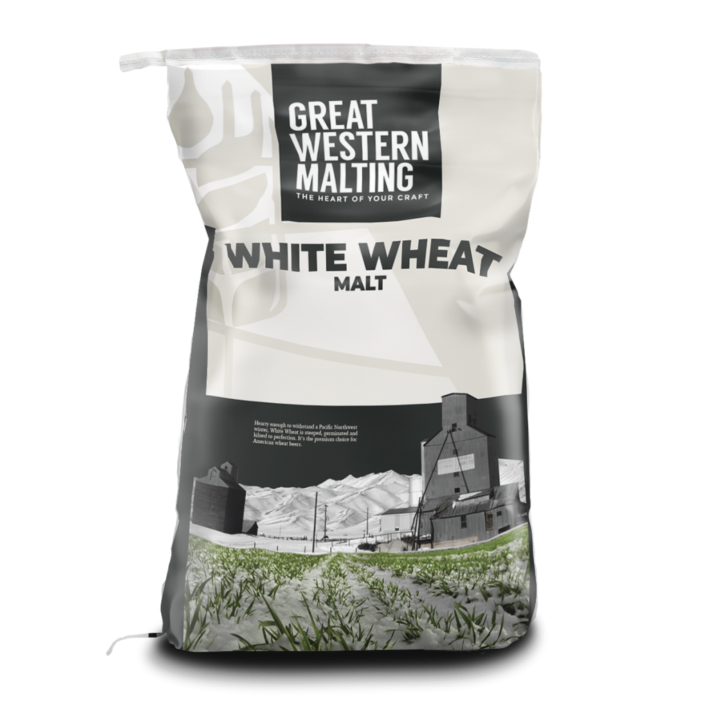White Wheat | Base Malt | Great Western Malting White Wheat Malt product bag shown in cream and black with a malting plant on the front.