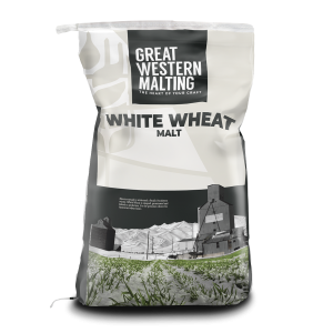 White Wheat Malt product bag shown in cream and black with a malting plant on the front.