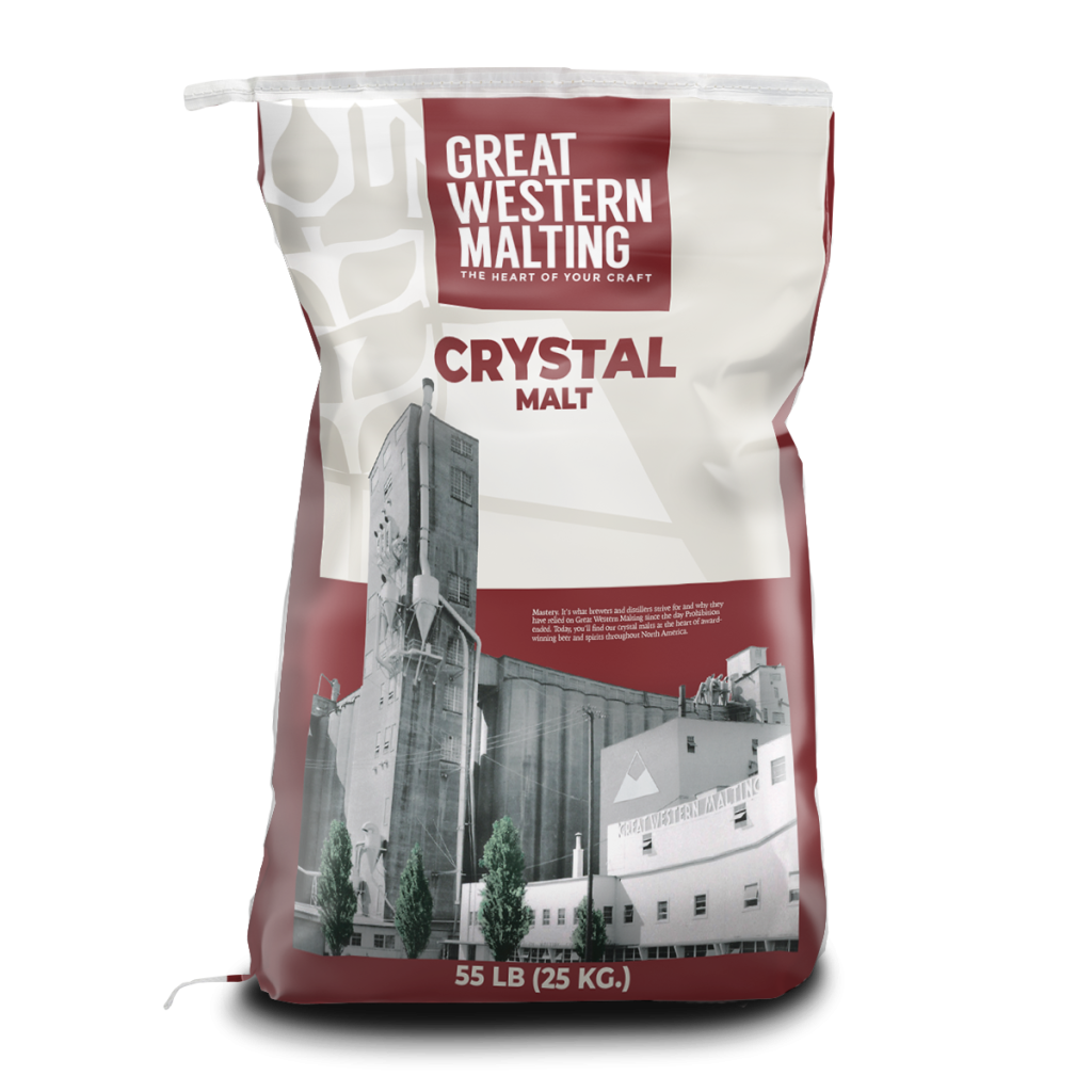 Crystal 150 Malt | Great Western Malting Crystal 150 Malt shown in a maroon and cream bag with a milling plant scene on the front created by Great Western Malting.