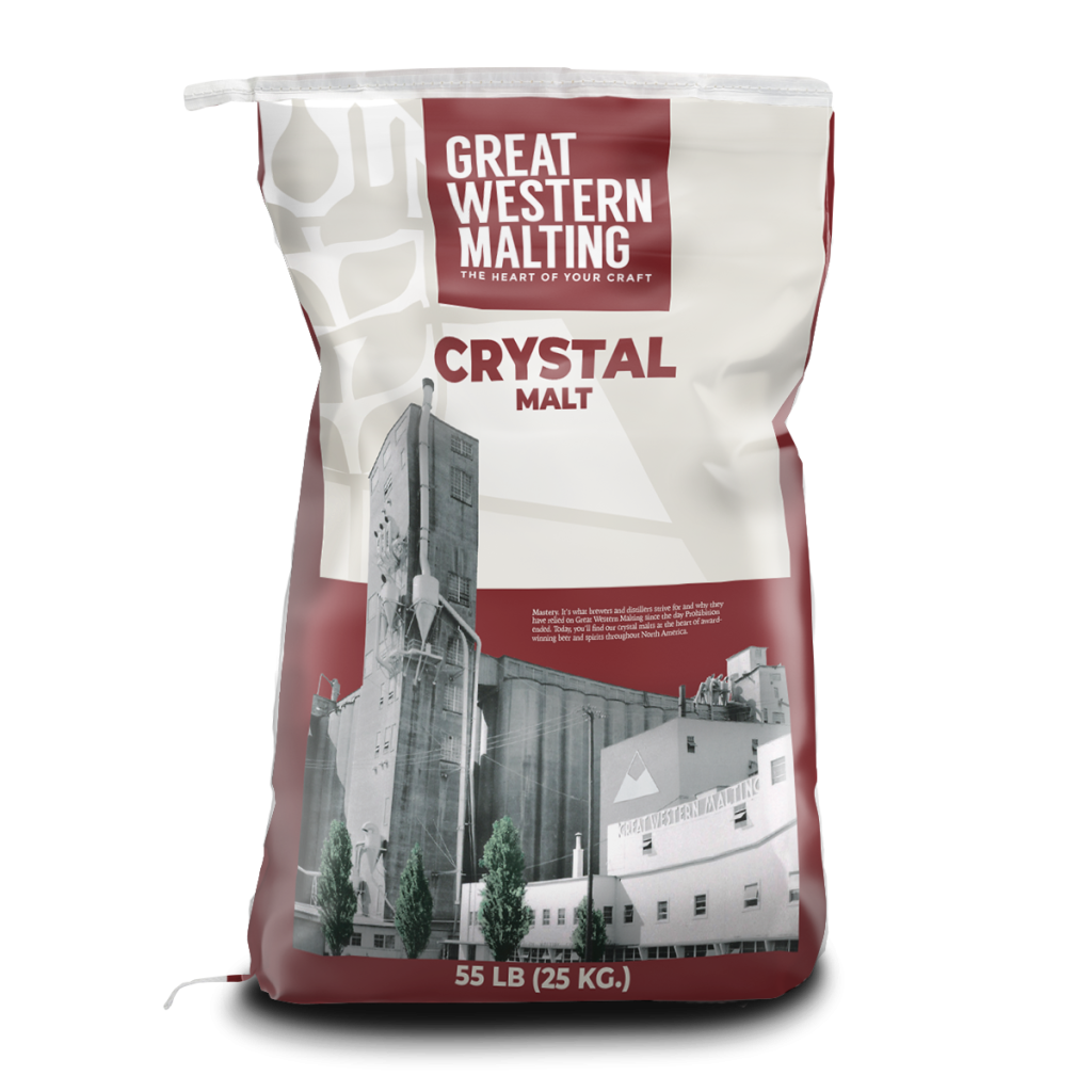 Crystal Malt 75 | Great Western Malting Crystal Malt 75 shown in a maroon and cream bag with a milling plant scene on the front created by Great Western Malting.