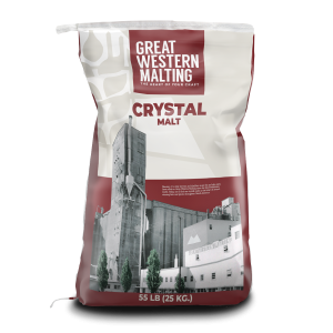Crystal Malt 75 shown in a maroon and cream bag with a milling plant scene on the front created by Great Western Malting.