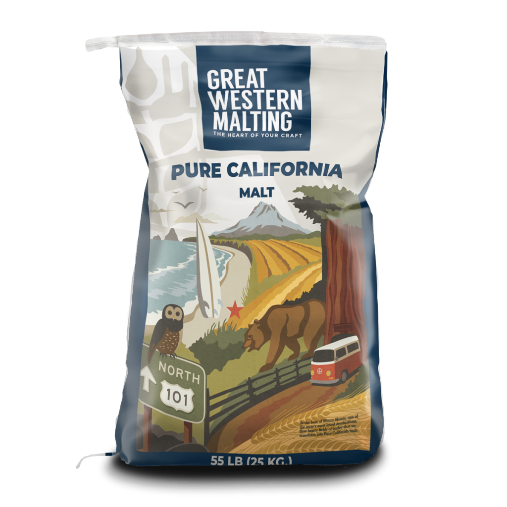 Pure California Malt | Identity Preserved | Great Western Malting Pure California Malt bag shown in a blue and cream bag with scenes of California on the front created by Great Western Malting.