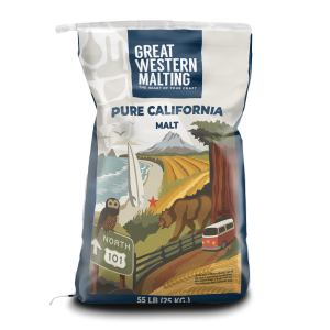 Pure California Malt bag shown in a blue and cream bag with scenes of California on the front created by Great Western Malting.