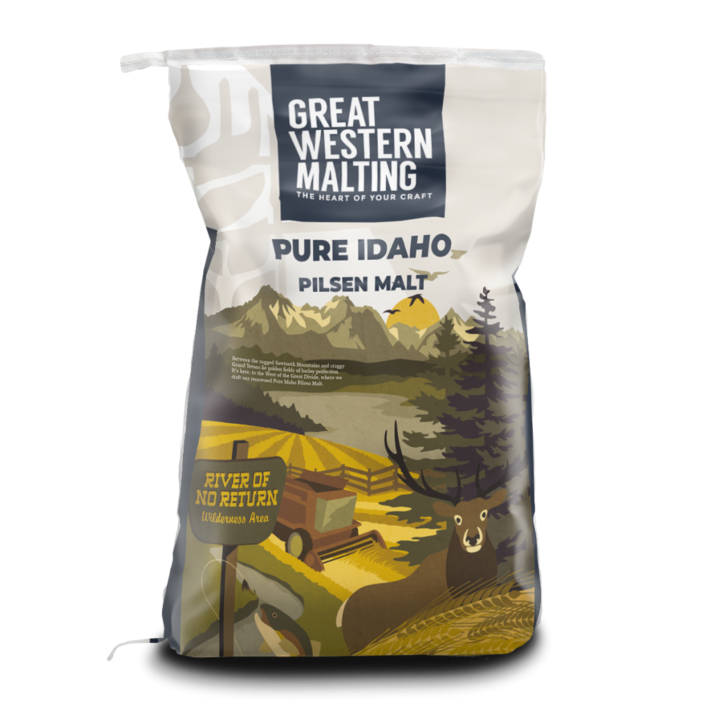 Pure Idaho Pilsner Malt | Great Western Malting Pure Idaho Pilsner Malt shown in a cream bag with iconic scenes of idaho created by Great Western Malting.