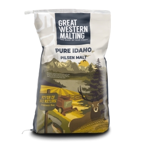 Pure Idaho Pilsner Malt shown in a cream bag with iconic scenes of idaho created by Great Western Malting.