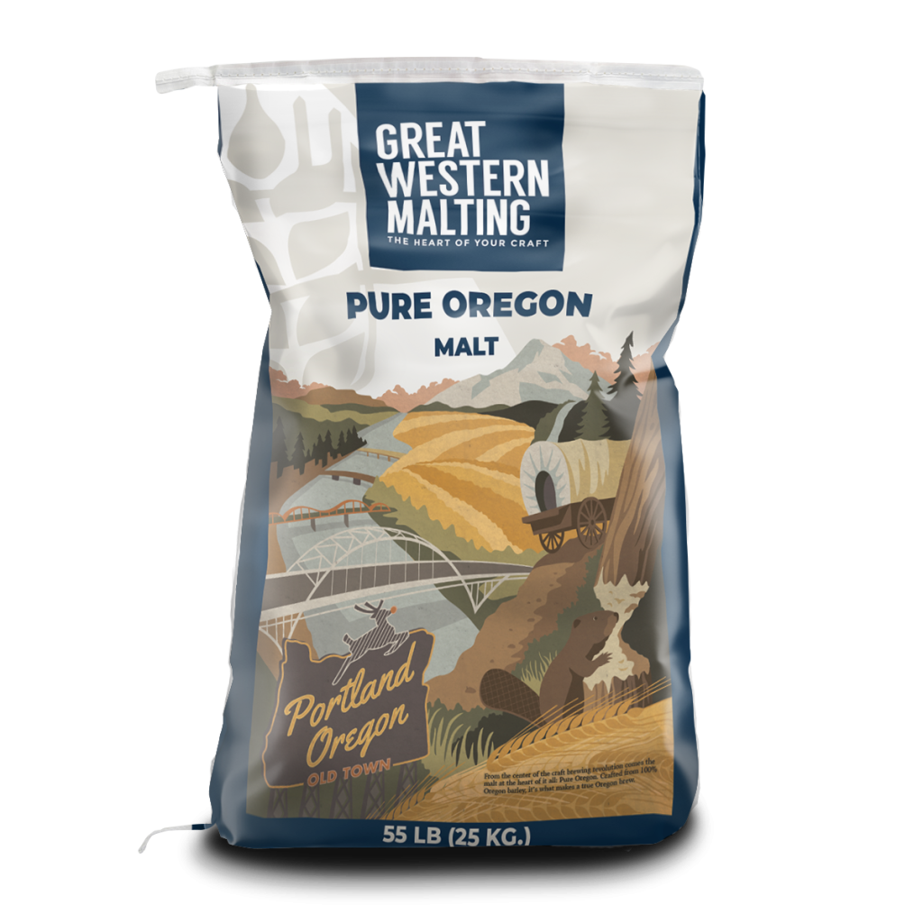 Pure Oregon Malt shown in a blue and cream bag with iconic scene of Oregon on the front created by Great Western Malting.