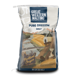 Pure Oregon Malt shown in a blue and cream bag with iconic scene of Oregon on the front created by Great Western Malting.