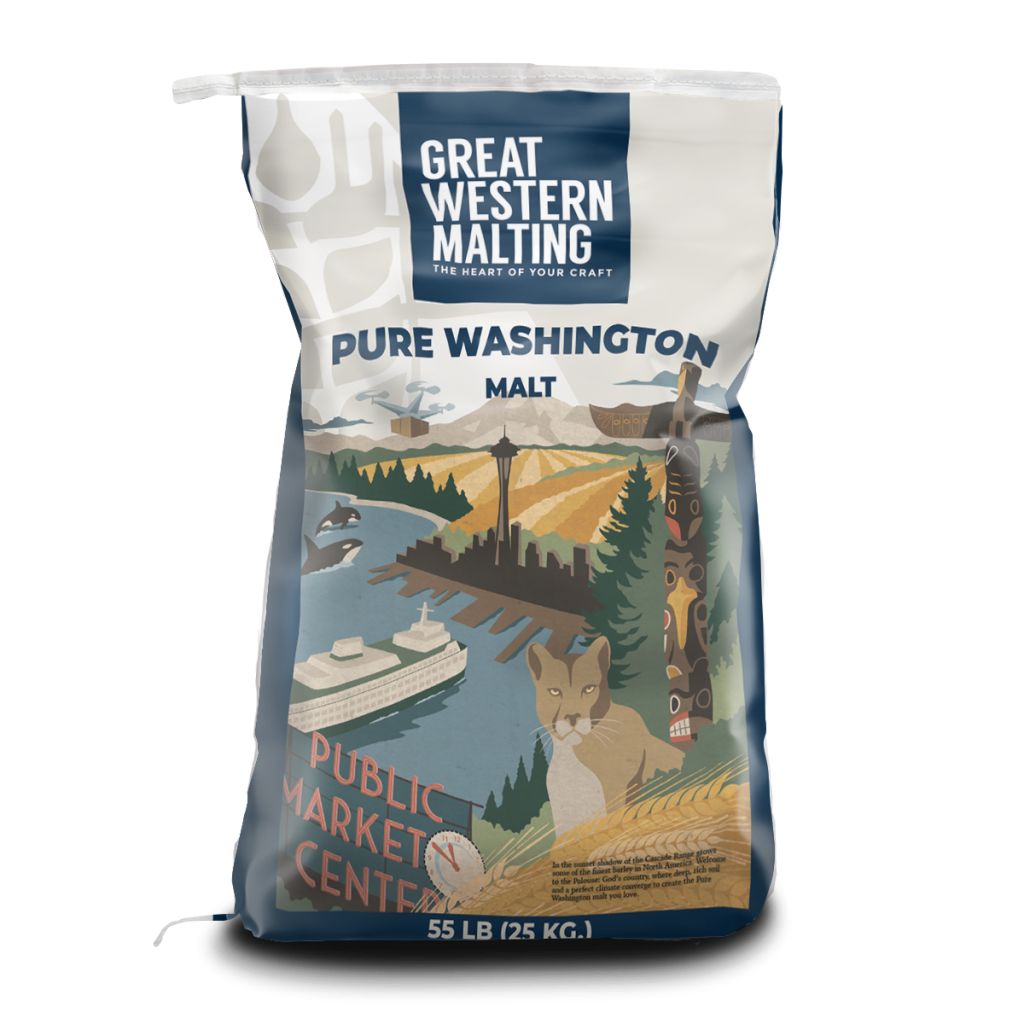 Pure Washington Malt | Identity Preserved Malt | GWM Pure Washington Malt shown in a blue and white bag iconic Washington scenes on the front of the bag created by Great Western Malting.