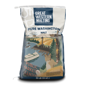 Pure Washington Malt shown in a blue and white bag iconic Washington scenes on the front of the bag created by Great Western Malting.