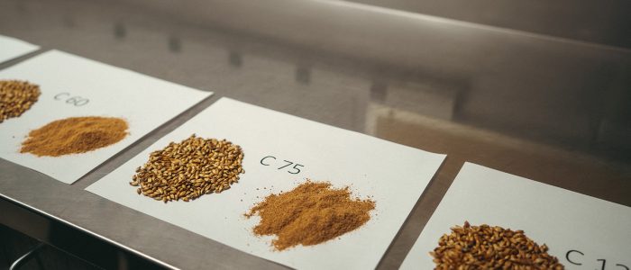 Three pieces of paper on a metal table. Each has a pile of whole grains and a pile of ground grains on it and an identifying number.
