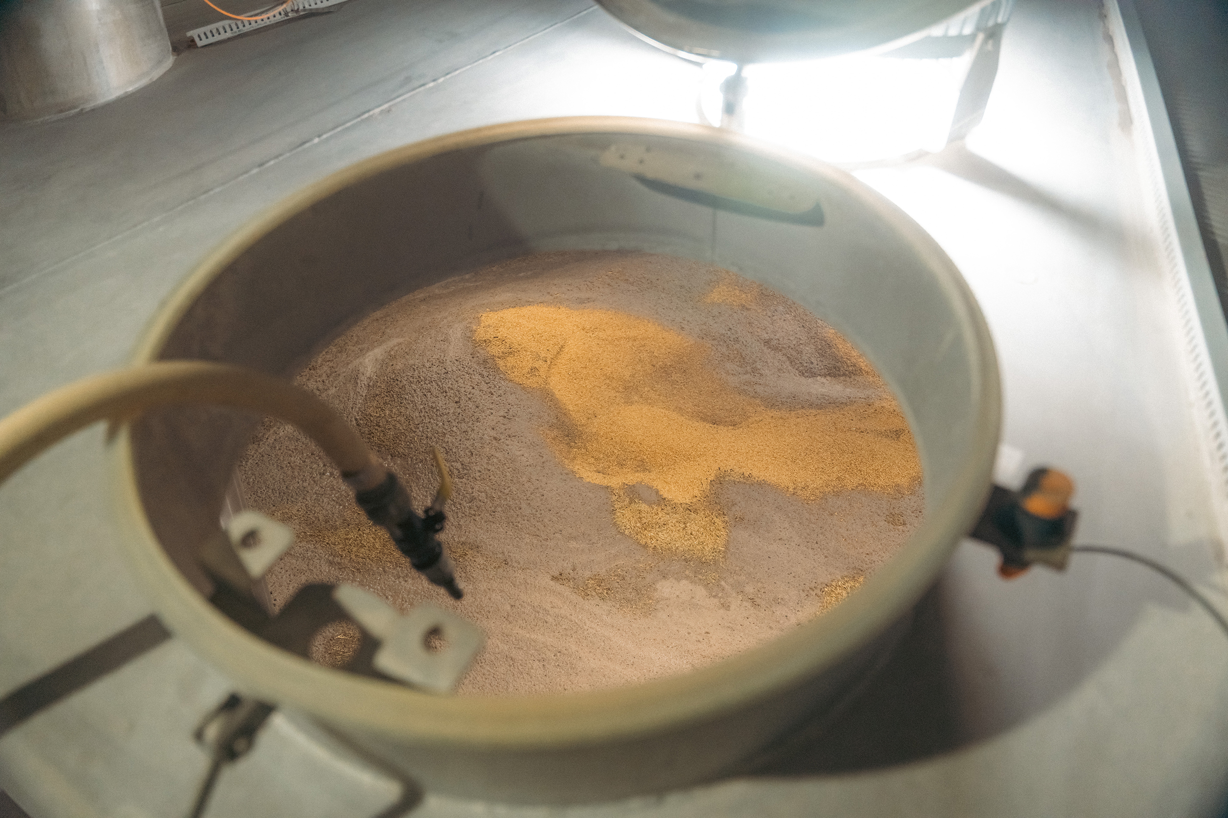 The top down view of a large vat of grains with a water spout above it.
