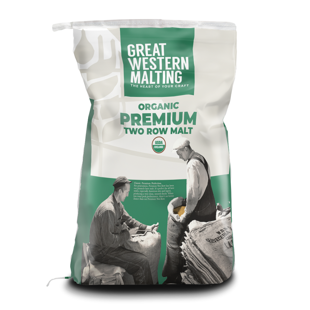 Organic Premium Two Row Malt | Great Western Malting Organic Two Row Malt bag shown in green and cream by Great Western Malting.