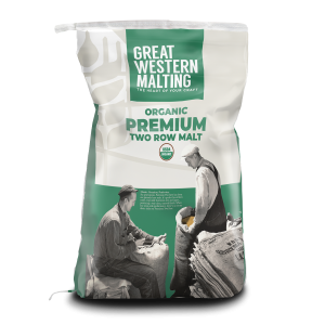 Organic Two Row Malt bag shown in green and cream by Great Western Malting.