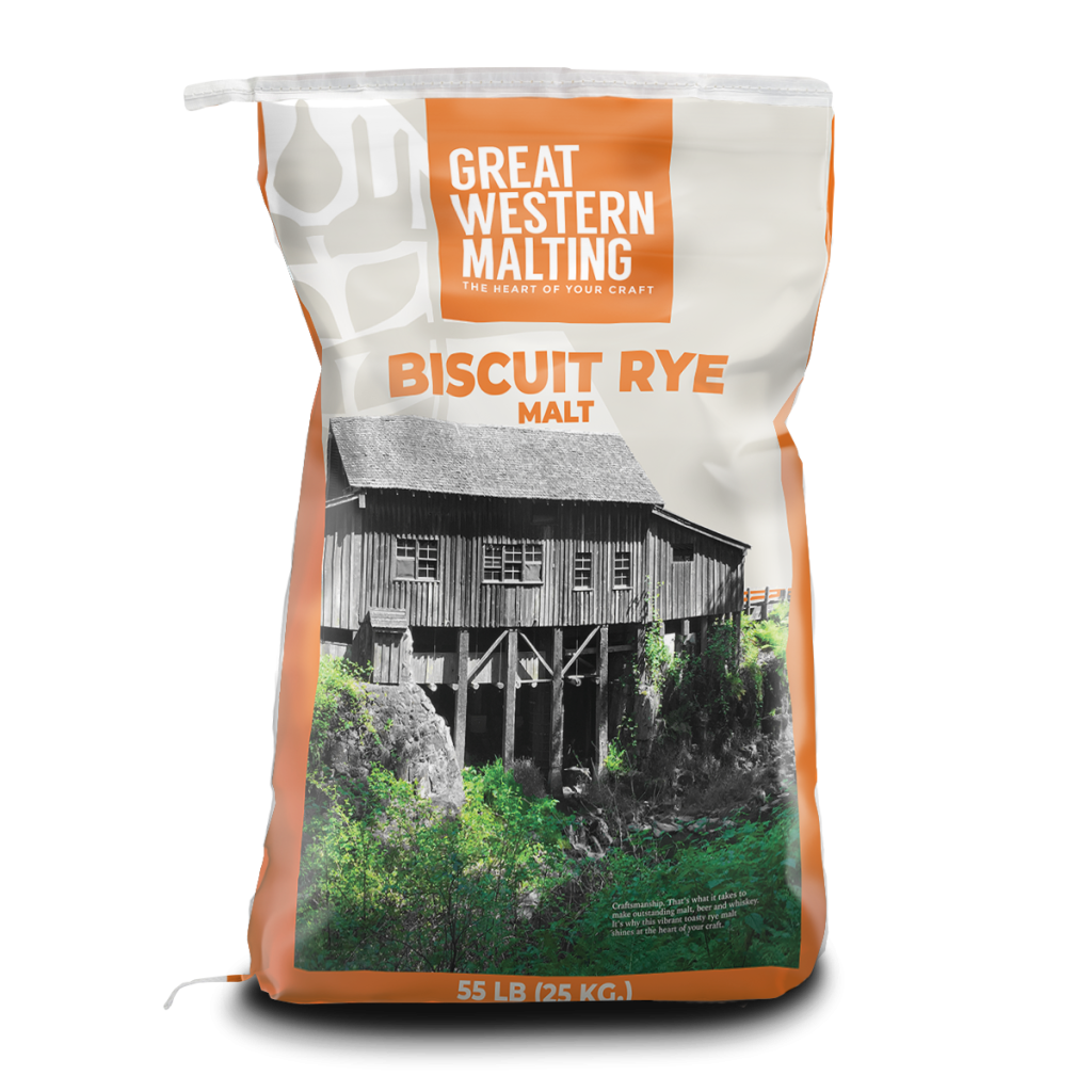 Specialty-Malt-Biscuit-Rye Biscuit Rye malt from Great Western Malting in an orange and white grain bag.