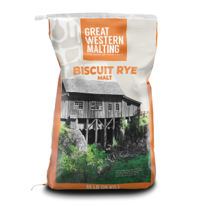 Biscuit Rye malt from Great Western Malting in an orange and white grain bag.