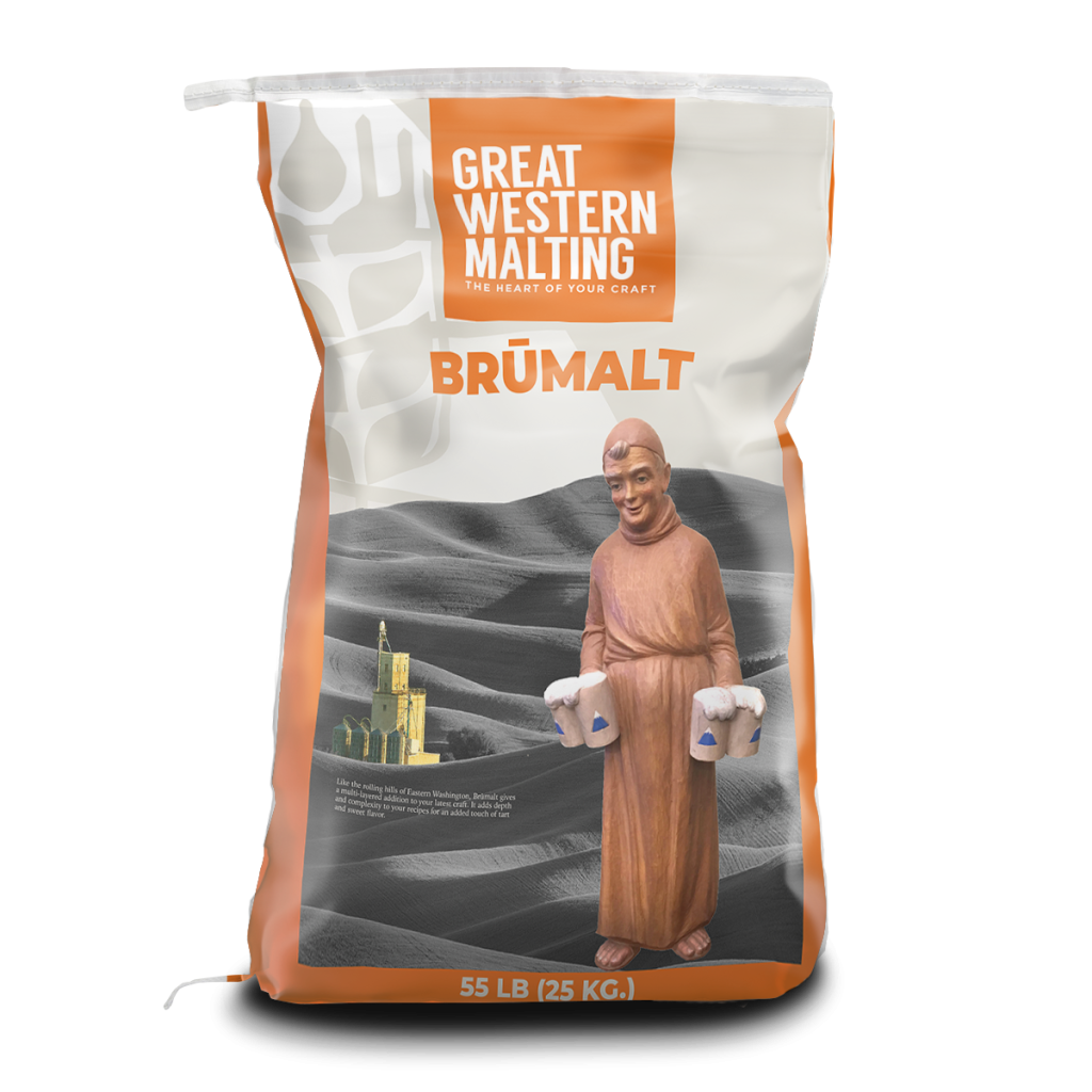 Brumalt | Specialty Malt | Great Western Malting Brumalt Specialty Malt bag shown in orange and cream with a monk on the front, by Great Western Malting