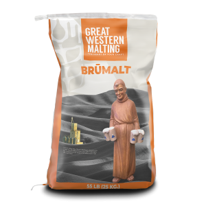 Brumalt Specialty Malt bag shown in orange and cream with a monk on the front, by Great Western Malting
