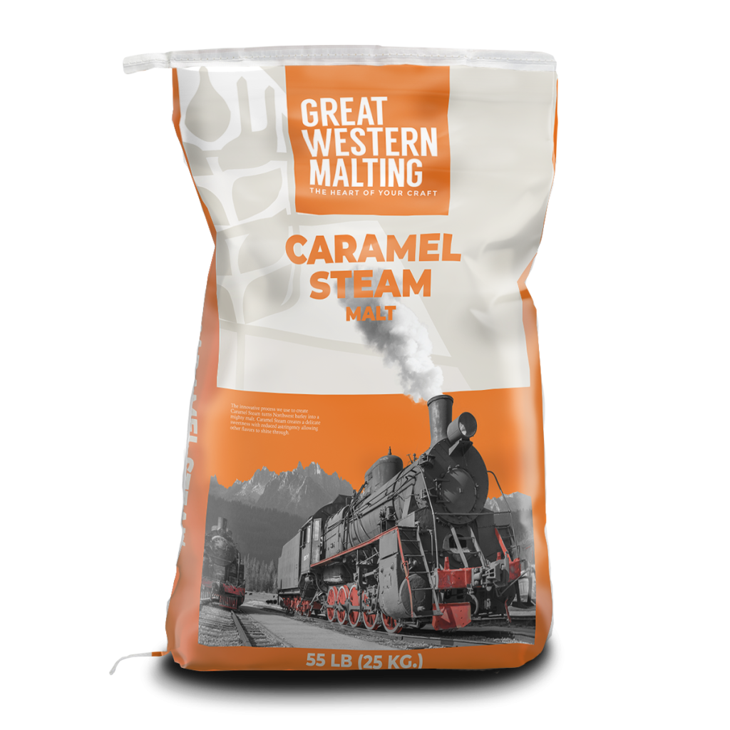 Caramel Steam Malt | Specialty | Great Western Malting Caramel Steam Malt shown in an orange and cream bag with a train on the front created by Great Western Malting.