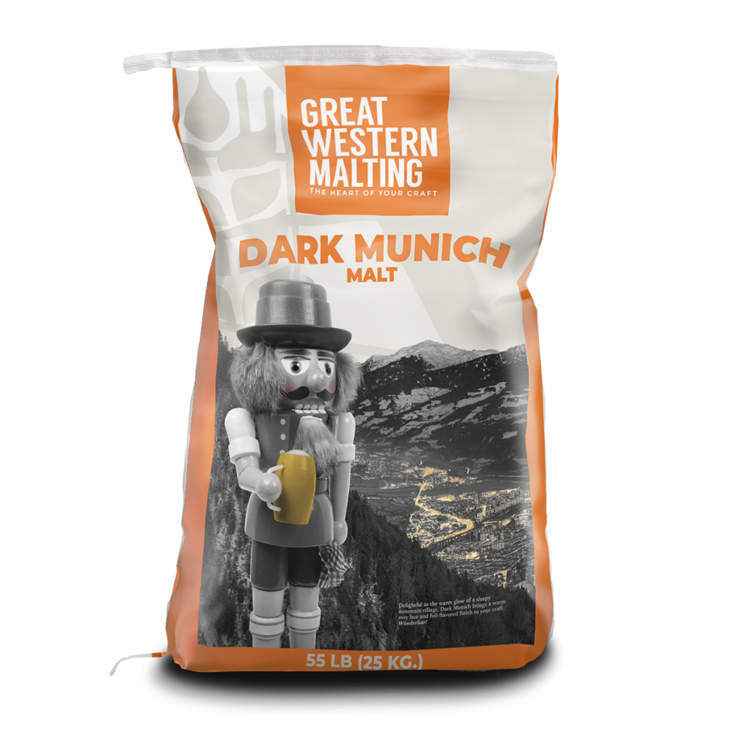 Dark Munich Malt | Specialty Malt | Great Western Malting A bag of Dark Munich malt by shown in orange and cream by Great Western Malting