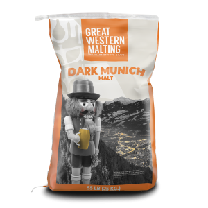A bag of Dark Munich malt by shown in orange and cream by Great Western Malting