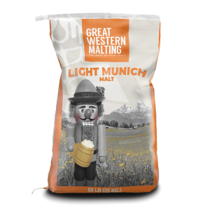 a grain bag of Light Munich Malt in a white and orange bag by Great Western Malting