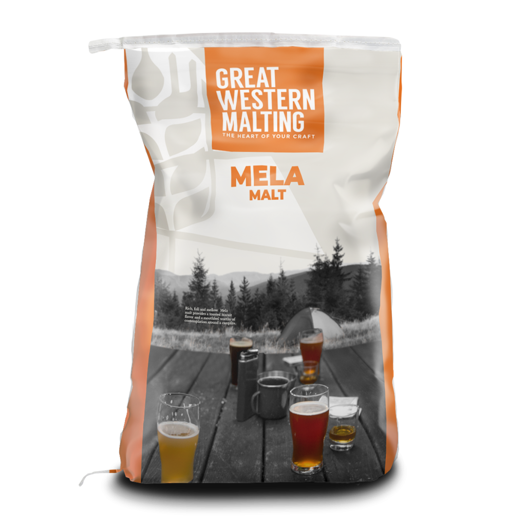 Mela Malt | Specialty Malt | Great Western Malting Mela Malt in an orange and white back with beer cups on the front of the grain bag.
