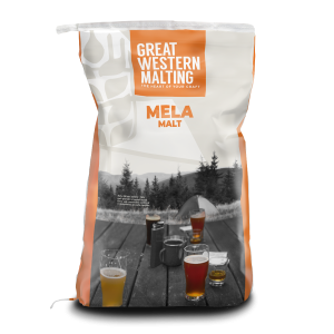 Mela Malt in an orange and white back with beer cups on the front of the grain bag.