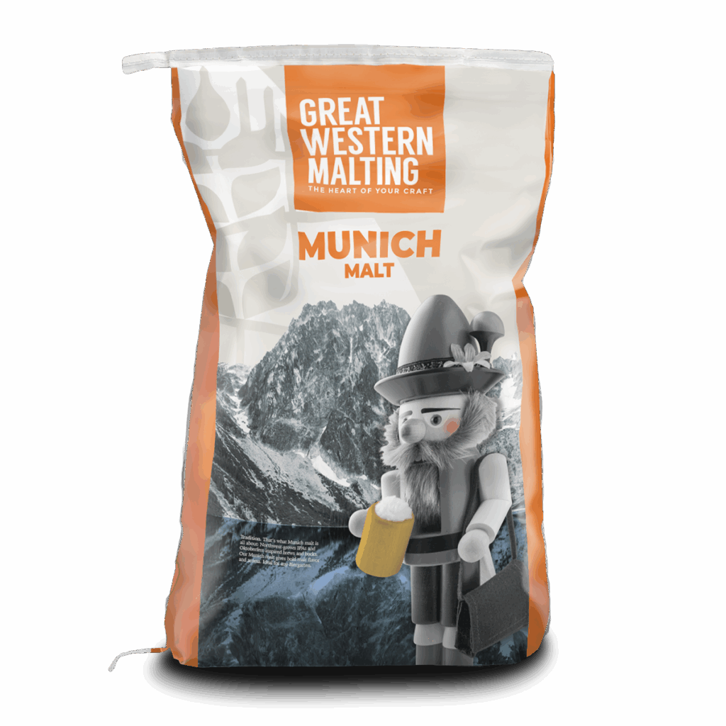 Munich Malt | Specialty | Great Western Malting Munich Malt shown in cream and white bag with a mountain scene on the front created by Great Western Malting.