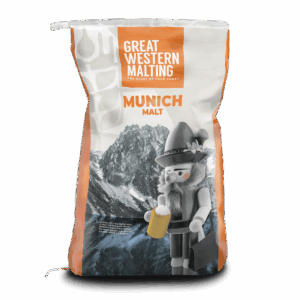 Munich Malt shown in cream and white bag with a mountain scene on the front created by Great Western Malting.