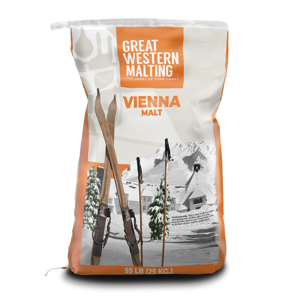 Vienna malt product bag shown in orange and white with skis on the front of the bag of grains.