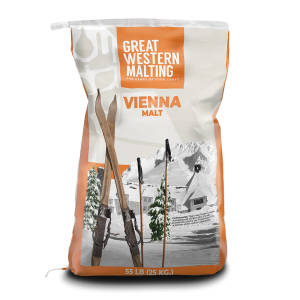 Vienna malt product bag shown in orange and white with skis on the front of the bag of grains.