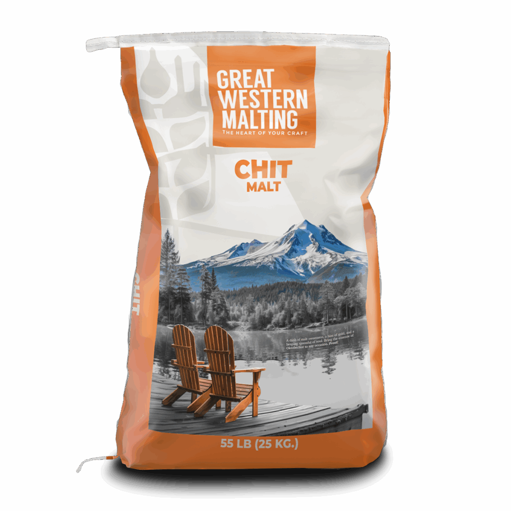 Chit Malt | Great Western Malting Chit Malt product bag shown in cream and orange with a mountain scene on the front.