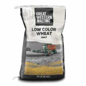 A bag of low color wheat malt showing a field of wheat on the front of the bag by Great Western Malting.