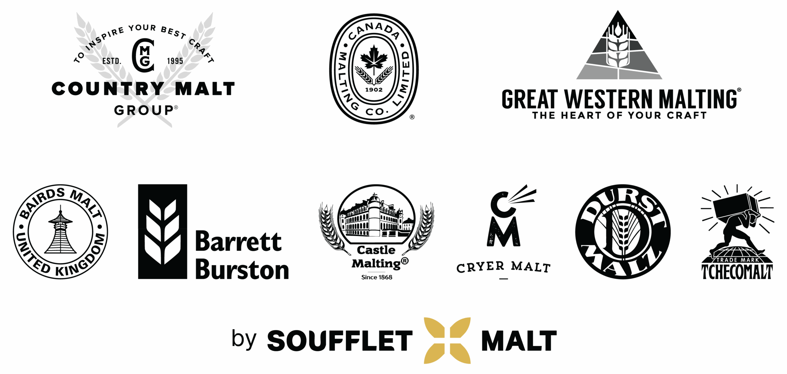 Soufflet Malt Family of Brands A grid of logos from top left to right bottom: Country Malt Group, Canada Malting Co. Limited, Great Western Malting, Castle Malting, Trademark TCHECOMALT, Durst Malz, by Soufflet Malt.
